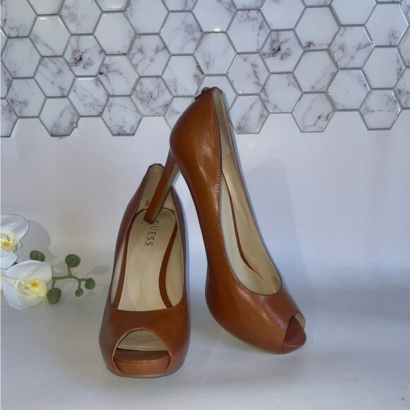 Guess Brown Leather Peep-Toe Heels Camel - Picture 4 of 8